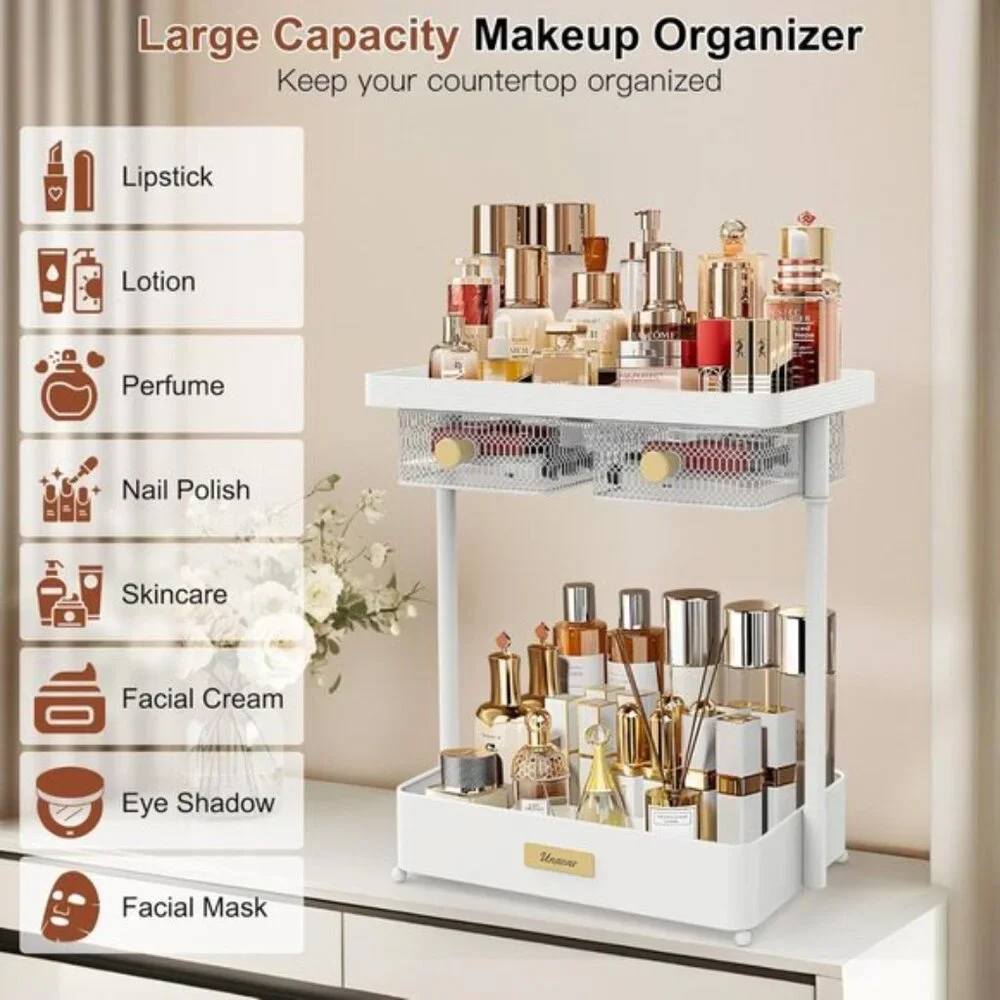 New 2-Tier Makeup Organizer Countertop, Rotating Drawers for Vanity & Skincare